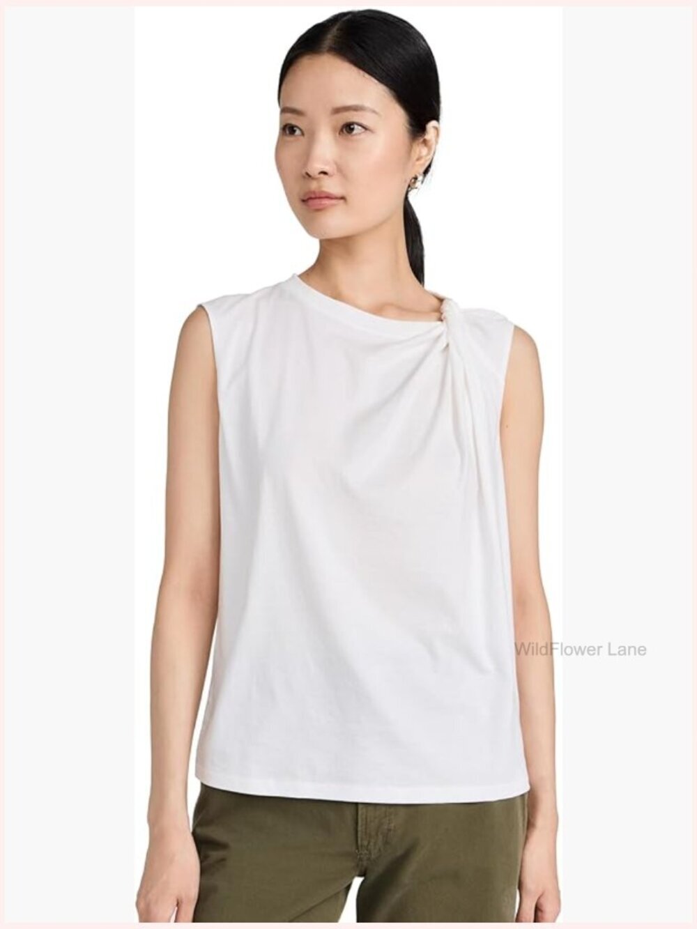 Sleeveless Twisted Tank Top in White, Classic Fit, Round Neck